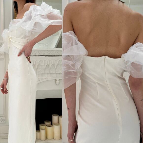Line & Dot | Starlet Midi Sheath Dress Organza Off Shoulder Sleeves in Ivory S - Picture 2 of 16